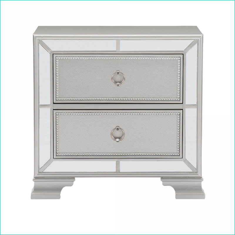 Modern Traditional Silver Nightstand with 2 Drawers and Embossed Fronts