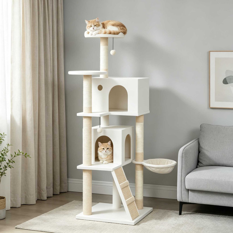 160cm Large Multi‑Level Cat Tree Tower with Condos, Hammock & Sisal Scratching Posts, Beige