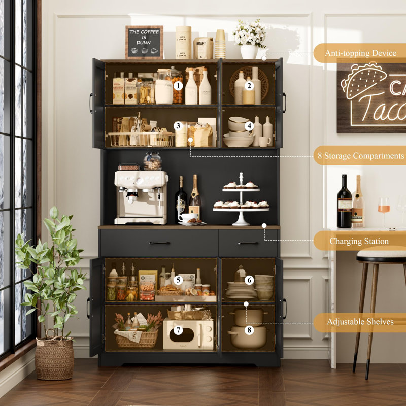 Garde-manger 71 po avec station de charge et support pour micro-ondes, grand bahut 71 po, Noir, naturel