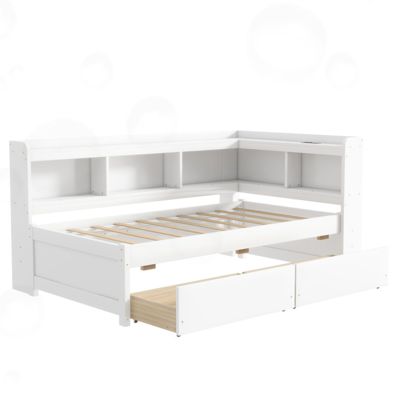 Twin Size Bookcases Bed with Power Outlets, USB Charging Ports, White