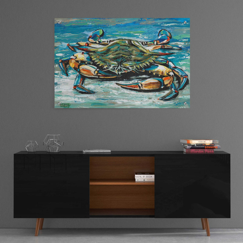 «Blue Palette Crab I» par Carolee Vitaletti, art mural en verre acrylique, H 24 po x l 36 po x P 0,2 po