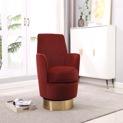 Fauteuil demi-tonneau pivotant en velours, fauteuil pivotant avec chaises d'appoint pour le salon, fauteuil de lecture confortable pour la chambre à coucher, fauteuil demi-tonneau rond avec base en acier inoxydable doré (rouge brunâtre)