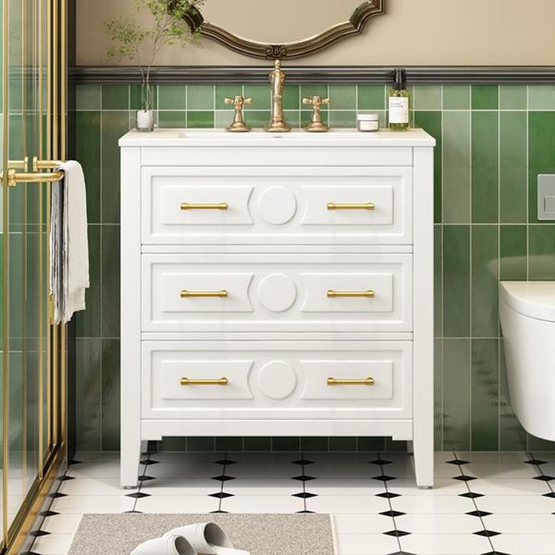 Ensemble de meuble-lavabo simple 30 po avec 3 tiroirs, meuble-lavabo autoportant avec cadre en bois massif 30 po, blanc