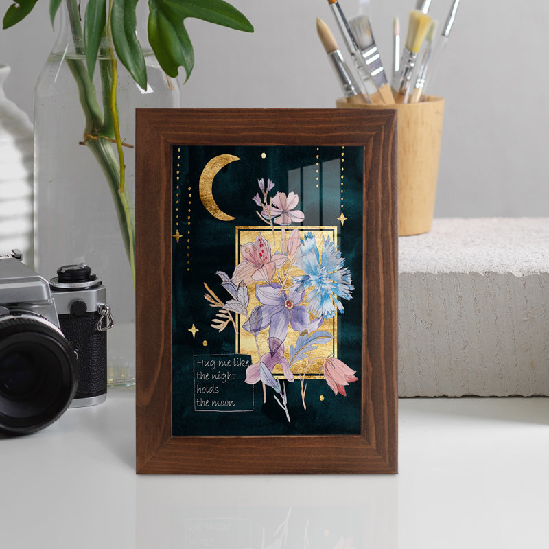 " Moonlight Flowers III ", 6" H x 4" W x 1" D, Chestnut Framed Paper