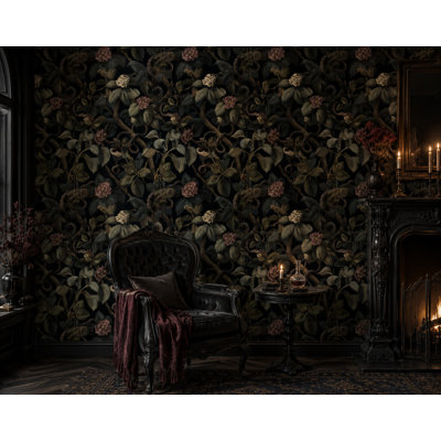 Dark Gothic Snake and Floral Botanical Black Wallpaper Pattern