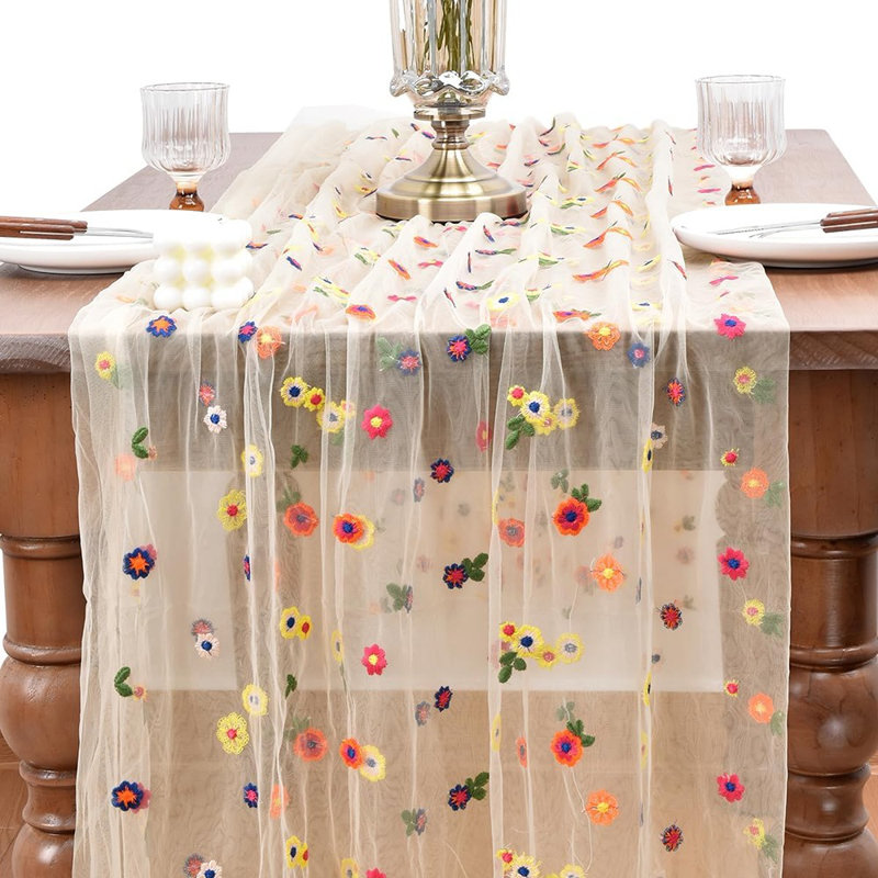 Table Runner - Champagne - 10-Foot Embroidered Daisy Tulle Runner For Spring/Summer, Seasonal Home And Party Table Décor