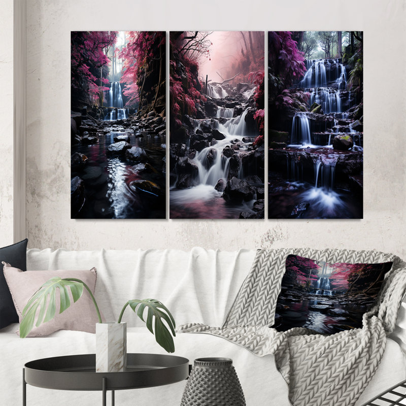 «Pink Tree Waterfall Uncharted Journey», 3 pièces sur toile, Toile tendue, H 20 po x l 36 po