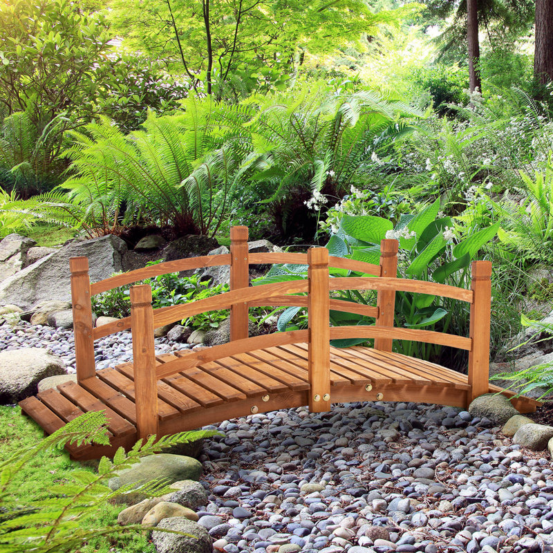 Passerelle à arc classique en bois avec garde-corps pour passage d'étang Outsunny 5FT, orange