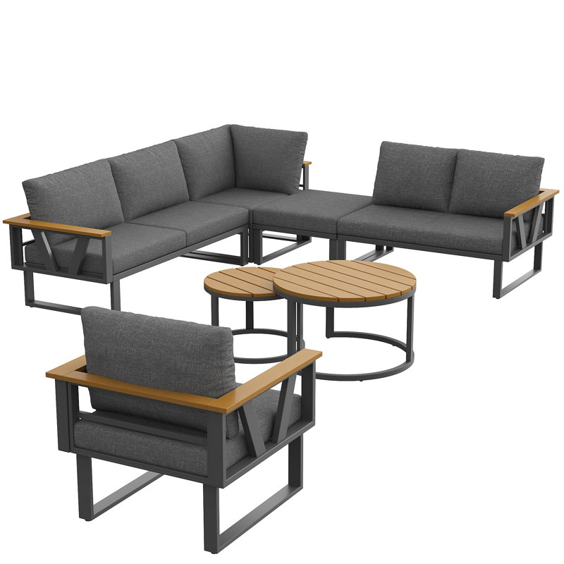 Outdoor Conversation Set 7 Places With 2 Sofas, 1 Corner Chair,1 Armchair, 1 Tabouret And 1 Coffee Table Gris