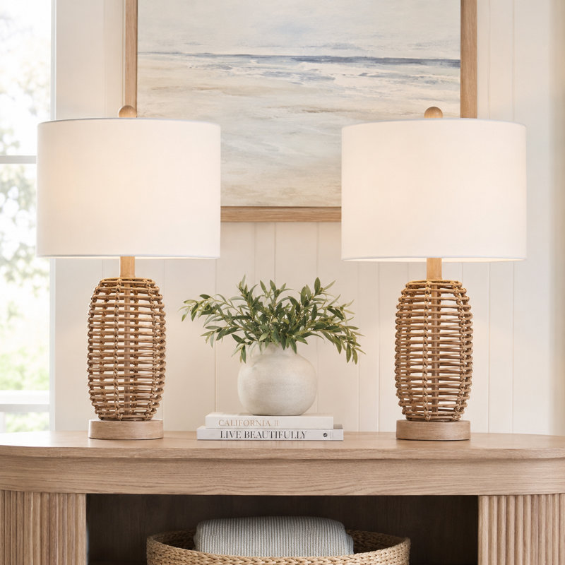 Arcola 21" Wicker Rattan Table Lamp with Knob Switch and White Linen Shade