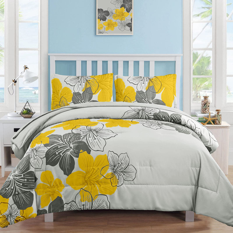 7 Piece Floral Comforter Set Soft Microfiber Bedding Set with Sheets for All Seasons, Queen Comforter + 6 Additional Pieces