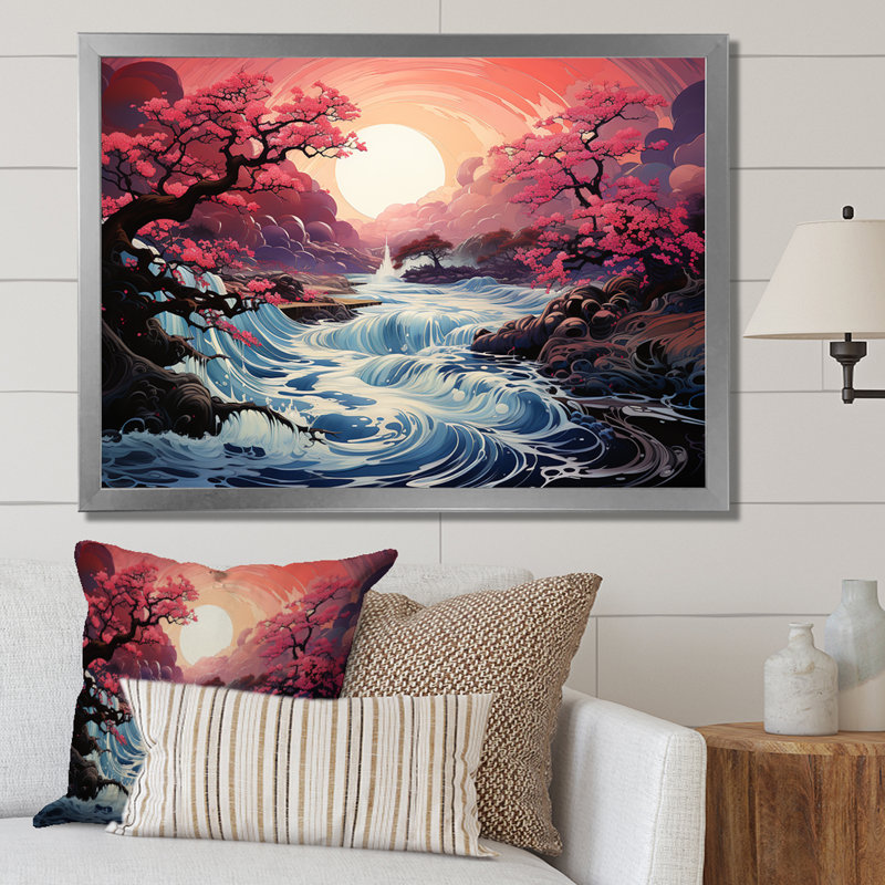 Japon, rivière rose, lever de soleil, rivière, art mural, H 30 po x l 40 po x P 1,5 po, Cadre de coin argenté fermé