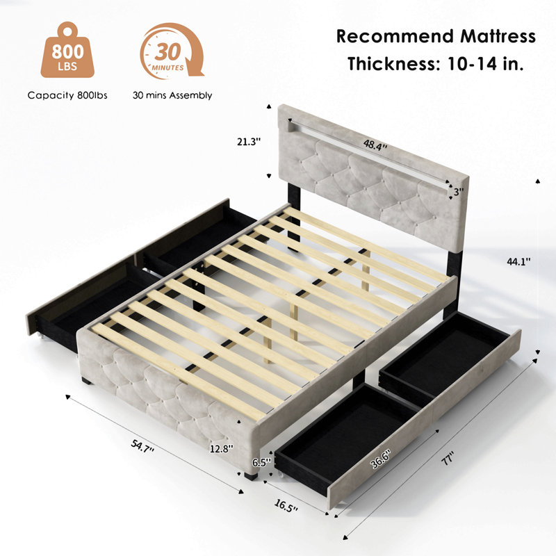 Base de lit tapissier avec rangement à 4 tiroirs et éclairage à DEL, aucun sommier tapissier requis, Lit double