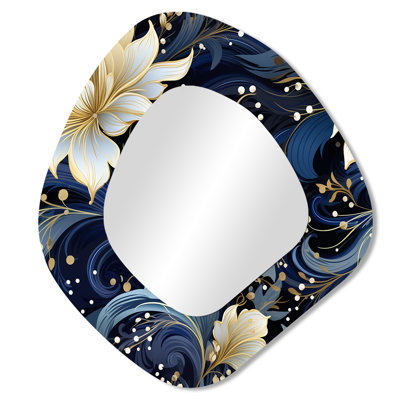 Astral Blue White Damask Radiance II - Damask Unique Shape Mirror, Blue Asymmetrical Unique Wall Mirror, Printed Metal Art