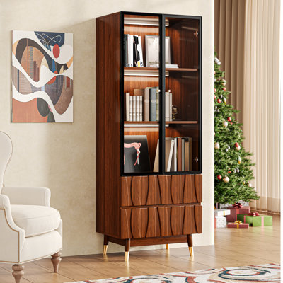 Walnut Finish Glass Display Case With Storage For Collectibles, Brown Wood 3-tier Display Cabinet With Shelves And 2 Drawers , Mid-century Modern China Cabinet For Living Room And Kitchen