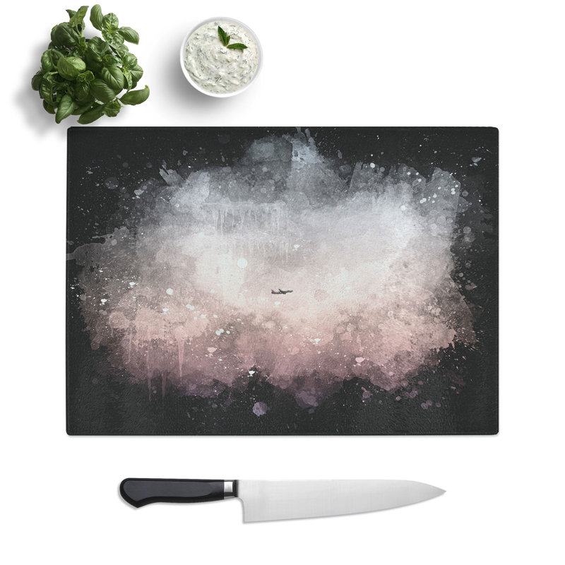 Tempered Glass Airplane Passing the Moon Paint Splash Chopping Board, 28.5 cm x 39 cm