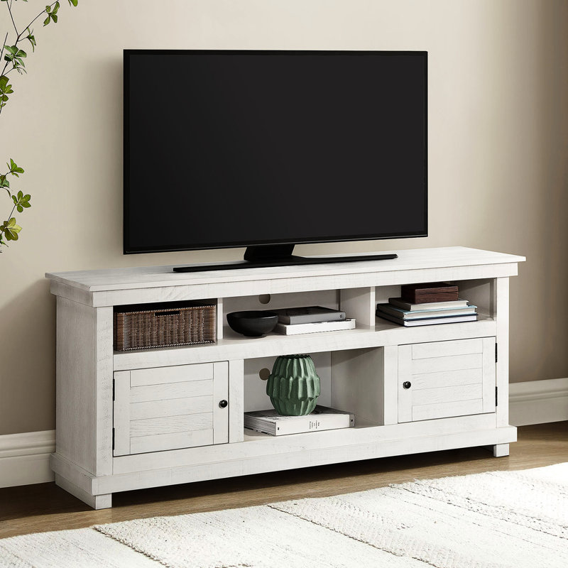 Console média en bois blanc vieilli de 60 pouces avec charme rustique, deux tablettes ouvertes pour les décorations et six compartiments de rangement dans les salons.