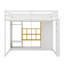 Lit mezzanine en bois pleine grandeur avec garde-robe, tablettes et armoire, échelle réversible, étagères multicouches et garde-corps doubles-853518928