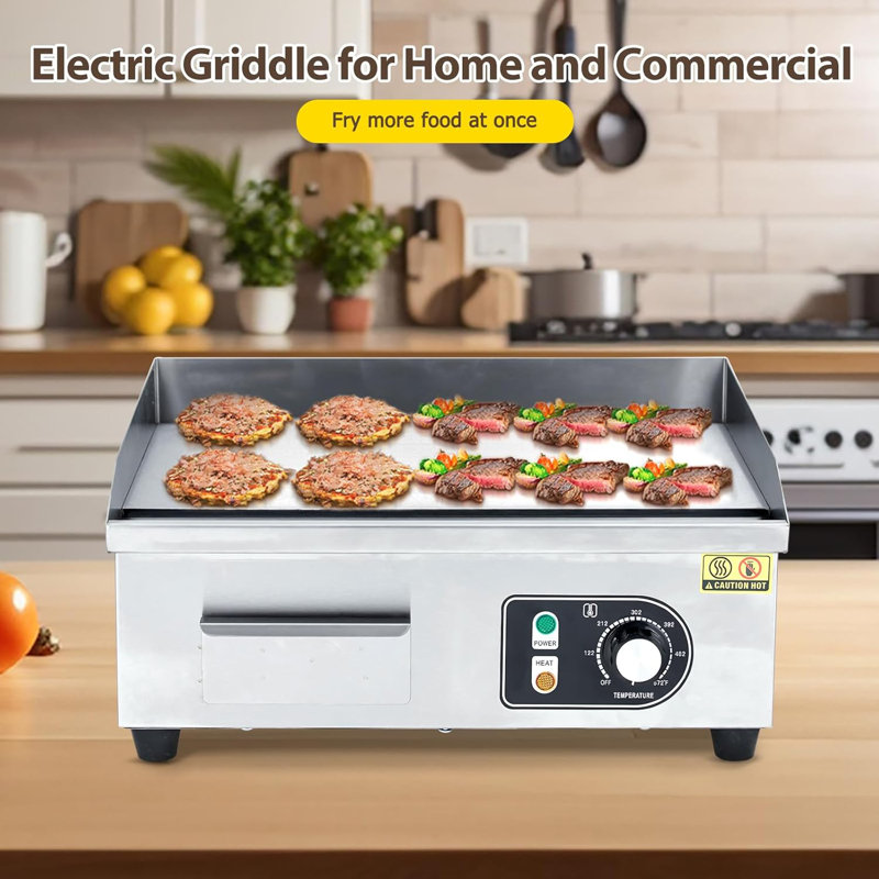 22" Commercial Electric Griddle, Stainless Steel Electric Flat Top Griddle, Adjustable Temperature Control 122°F-572°F Countertop Griddle for Home Restaurant