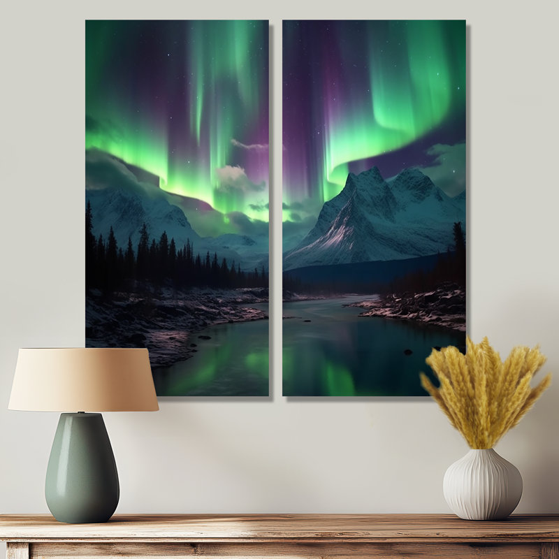 Northern Lights In Alaska III - Art mural moderne rose 2 panneaux, H 20 po x l 24 po, Toile tendue, Ne s’applique pas