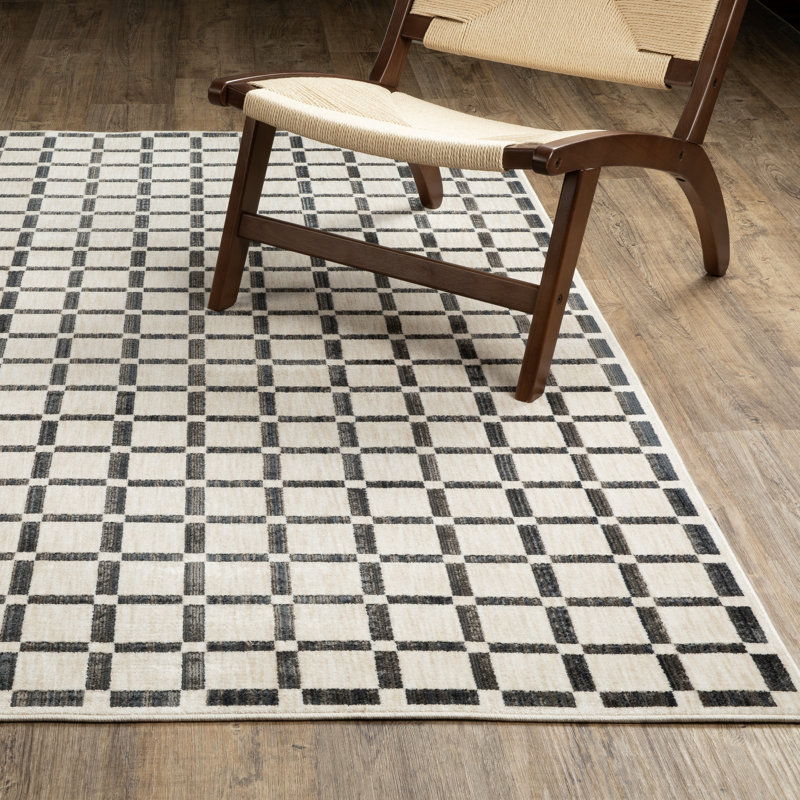 Harlow Geometric Tile Beige/ Black Area Rug, Runner 2'3" x 7'7"