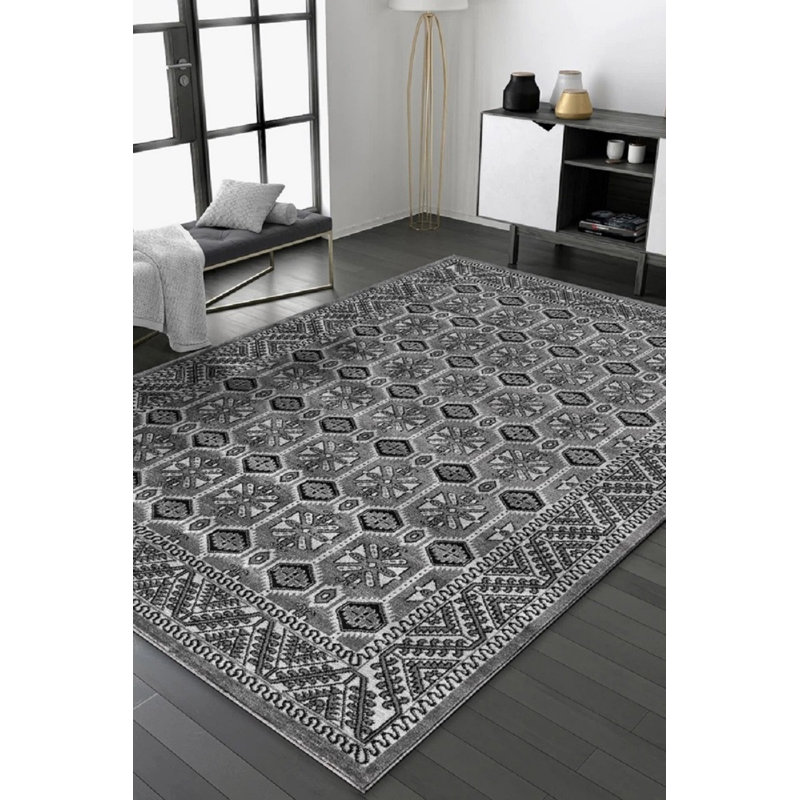 Rectangle Floral Flatweave Area Rug, Grey, Rectangle 300cm x80cm