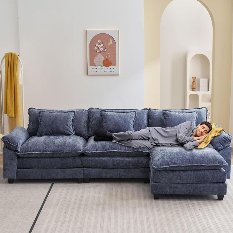 120" Sectional Sofa Comfy Cloud Couch for Living Room Modern Sofa Sleeper Deep Couches with Ottoman, Blue Chenille