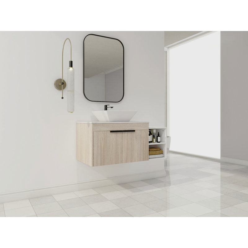 Meuble-lavabo de 42 po à conception flottante de conception moderne avec dalle en pierre plate en céramique et petites tablettes de rangement, porte à fermeture douce, ensemble KD