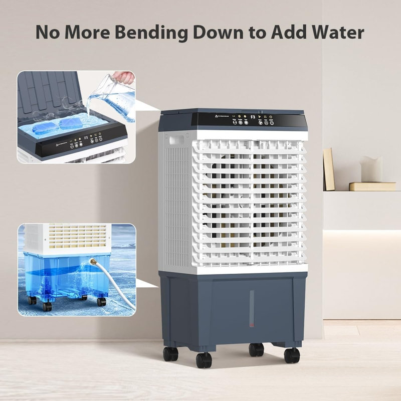Refroidisseur d'air par évaporation Ecotronic 1800 CFM, refroidisseur de marais portatif avec réservoir d'eau 5,2 gallons, télécommande, 3 vitesses et 3 modes, 6 sachets de glace, ventilateur 3 en 1 pour chambre, garage, patio