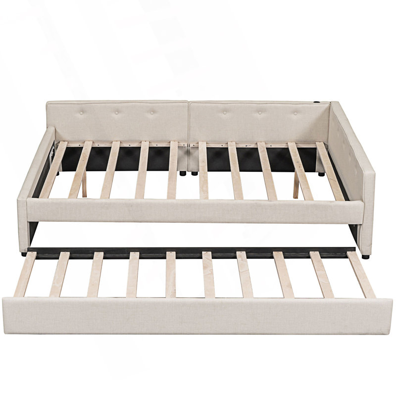 Lit plateforme tapissier avec port USB et gigogne, Grand lit