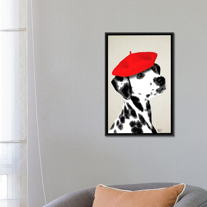 «Dalmatian with Red Beret», impression sur toile, H 26 po x l 18 po x P 1,5 po, Toile avec cadre noir, Pas de tapis