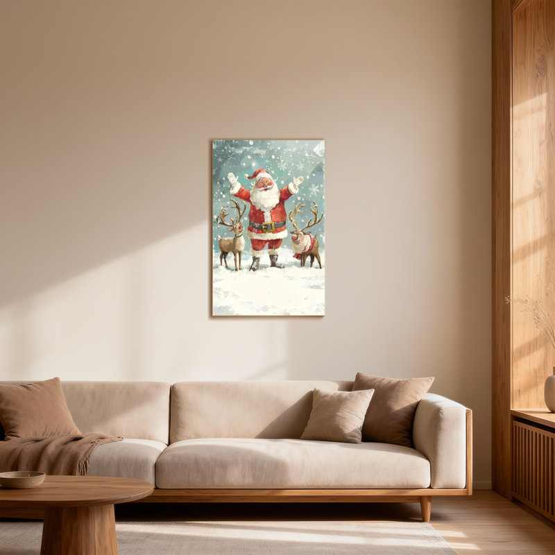 Noël père Noël avec des rennes dans la neige, H 48 po x l 32 po