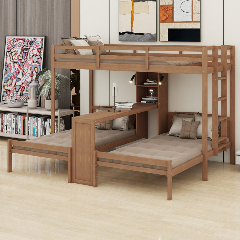 Lit superposé en bois 3 en 1 avec bureau intégré, tablettes de rangement et lampe de lecture, Naturel