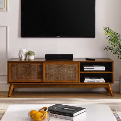 59 Inch Mid Century Modern Rattan TV Stand For 65 Inch TV, Entertainment Cabinet, Media Console For Living Room Media Room, Solid Wood Feet & Rattan C by Dakota Fields