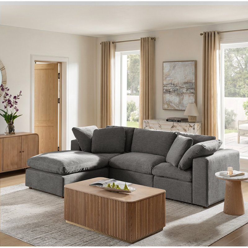 Alberto 118"W Modern Cloud Down Filled Oversized Sectional Couches with One Ottoman, Gray Polyester