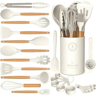 Silicone Cooking Utensils Set - Silicone Kitchen Utensils For Cooking Wooden Handles, 446°F Heat Resistant Kitchen Utensil Spatula Sets W Holder, Gadgets For Non-Stick Cookware BPA FREE (Cream White)