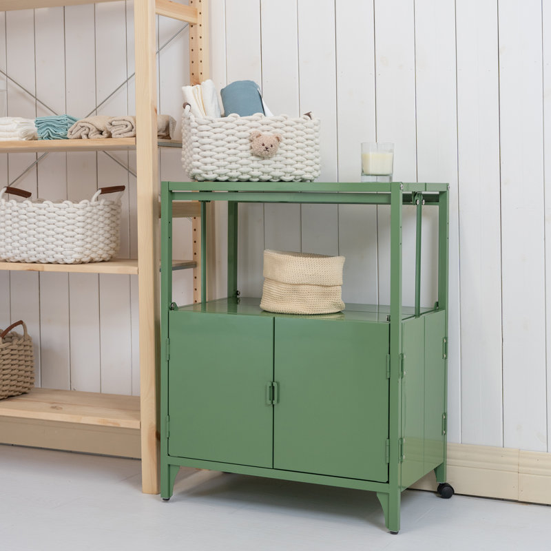 Accent 23.6’’ Wide  Foldable Metal Double Layer Cabinet with  Wheels Easy Assemble end table, Green