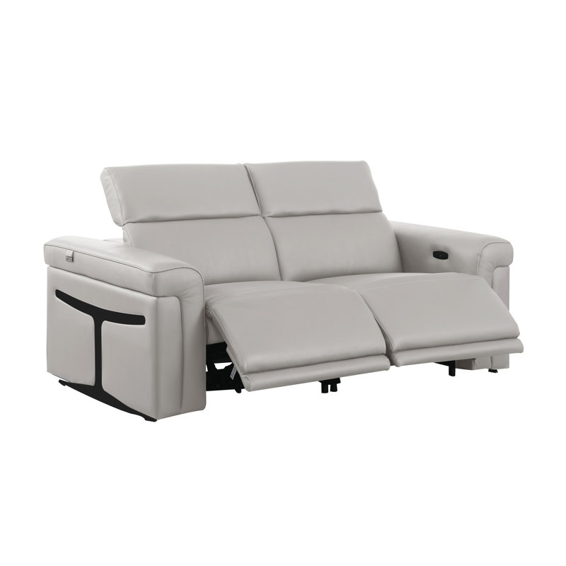 Causeuse inclinable en cuir italien à 2 grains avec appui-tête électrique, Gris clair, Noir