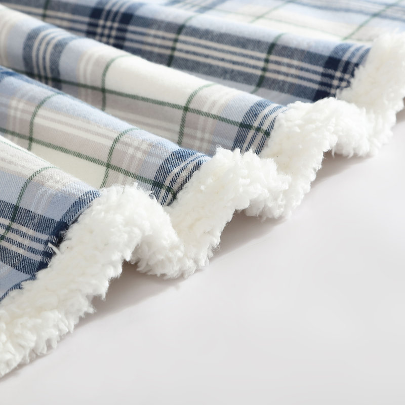 Eddie Bauer Printed Flannel/Sherpa Throw Blankets, Edgewood Plaid Blue