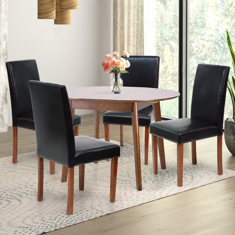 Ensemble de table de salle à manger 5 pièces, table de salle à manger ronde extensible avec 4 chaises rembourrées en bois massif de style classique