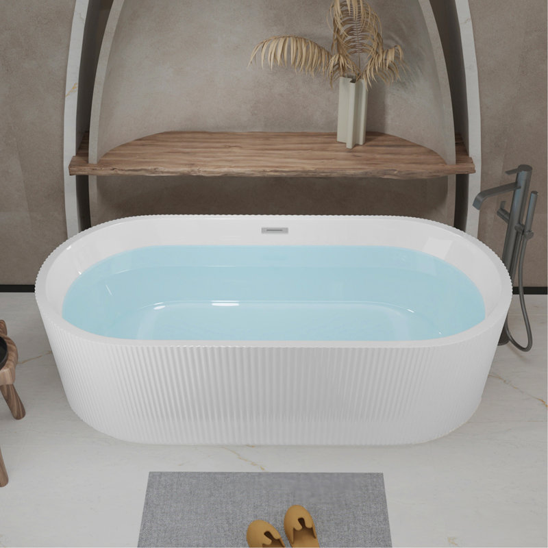 59"Linear Acrylicfreestanding Bathtub Stand Alone Soaker Tub, Glossy White Acrylic, POP-UP Chrome Drain, Cupc Certified