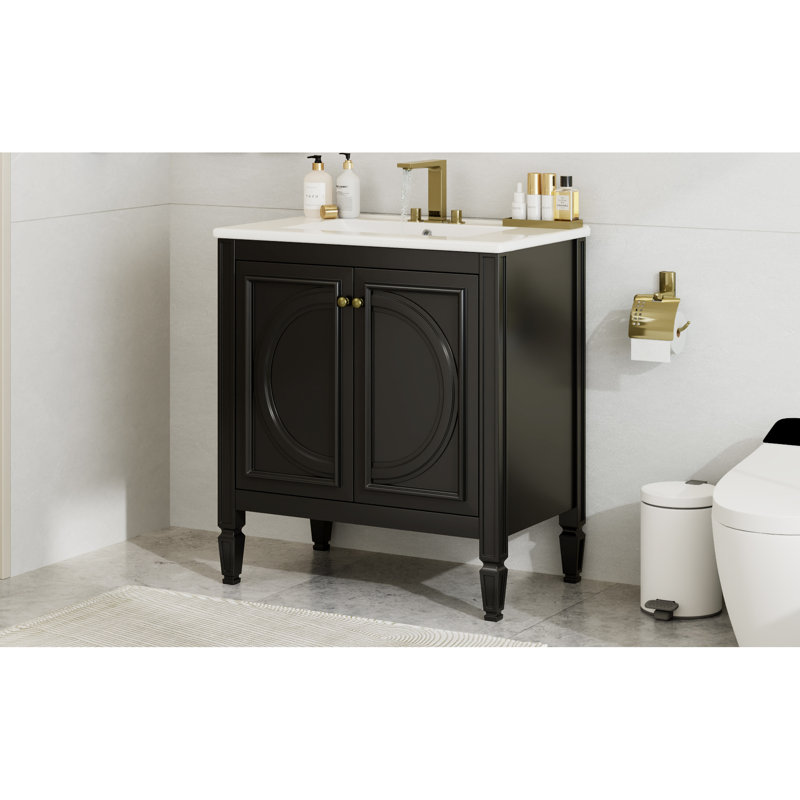 Meuble-lavabo de 30 po avec lavabo, armoire de décoration de style rétro. Finition noire, bois véritable, lavabo en céramique, tablette design. Noir, plateau lisse