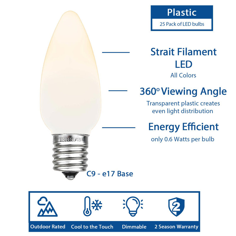  Guirlande 25 lumières DEL C9 de 25 pieds, blanc chaud transparent, 25 ampoules espacées de 12 pouces sur fil vert, relient jusqu'à 43 cordes ensemble, incassables et résistantes aux intempéries