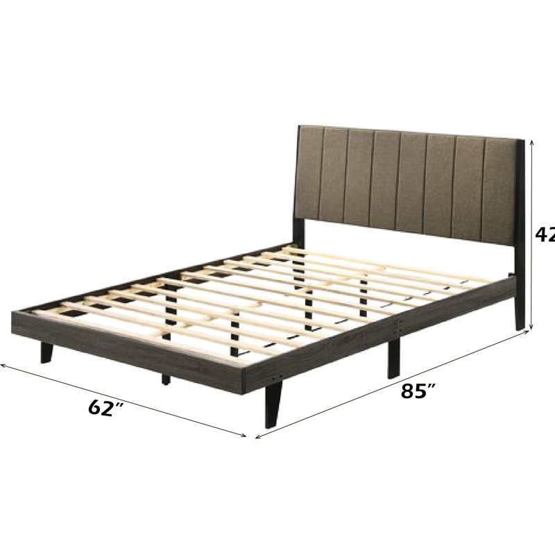 Lit brun en tissu brun et grand lit au fini gris patiné, revêtement d'ameublement, profil bas, 12 lattes, 4 pieds de support, aucun sommier requis, matelas recommandé de 8 po, placage de bois aggloméré