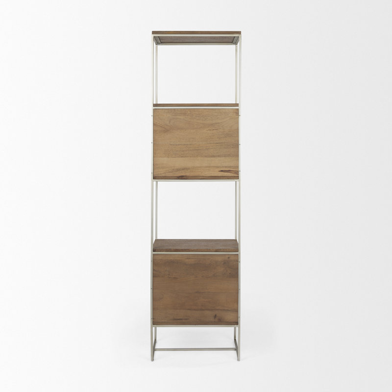 Sagan Narrow Brown Wood and Silver Metal Etagere Bookcase