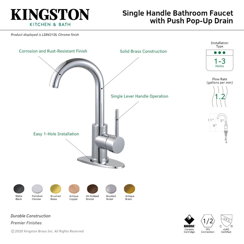 Kingston Brass Concord Single-Handle 1-Hole Deck Mount Bathroom Faucet with Push Pop-Up, Brushed Nickel