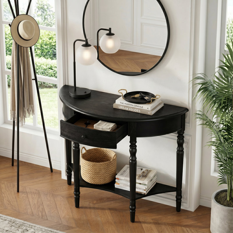 Navy Farmhouse Half Moon Console Table with Storage Drawer and Open Shelf, Rustic Sofa Accent Table for Entryway Hallway Foyer Living Room