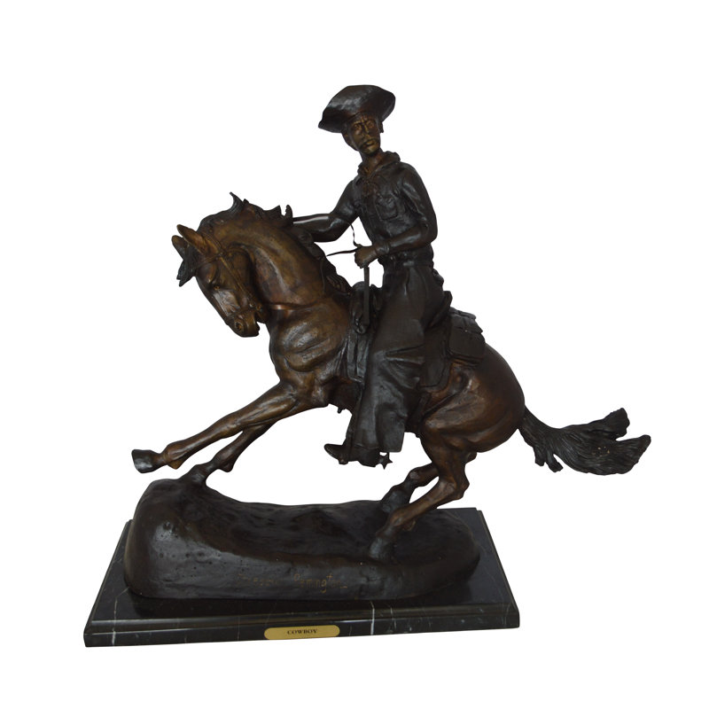 Aderyn Remington Cowboy on marble Bronze Statue -  Size: 24"L x 9"W x 23"H., 23" H x  9" W x 24" D