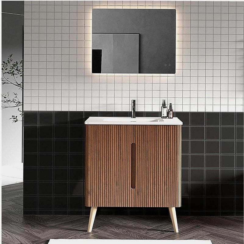 Meuble-lavabo de 30 po en bois de noyer, avec lavabo, offrant des options de meuble autoportant et suspendu, convenant aux salles de bain modernes