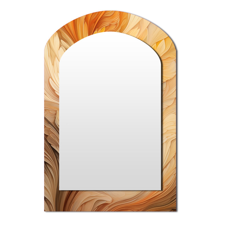 Vintage Orange Ornamental Wave Elegance - Abstract Shapes Asymmetrical Unique Wall Mirror, Modern Arch Mirror, Printed Metal Art